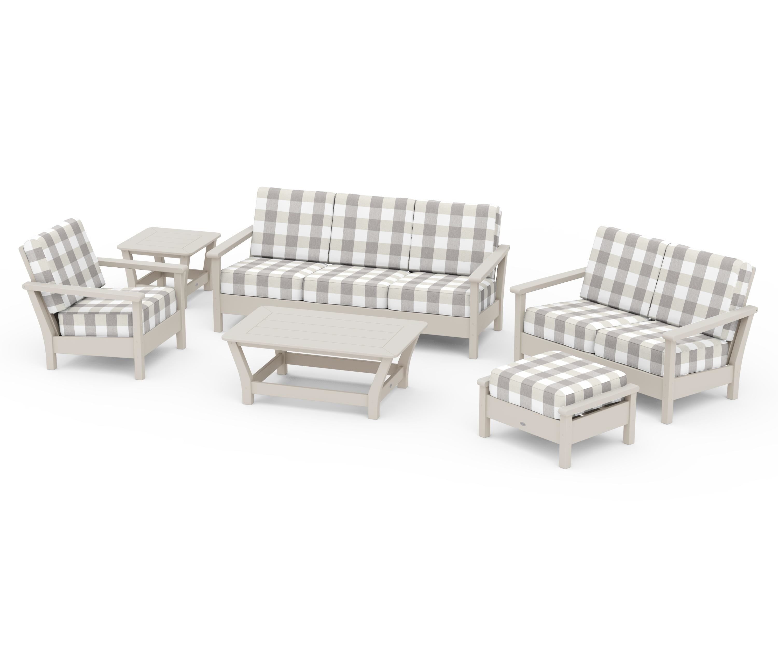 POLYWOOD® Harbour 6-Piece Outdoor Living Set in Sand / Buffalo Plaid Grey Mist