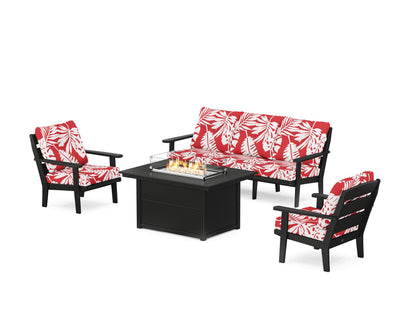 POLYWOOD® Lakeside Deep Seating Fire Pit Table Set in Black / Leaf Crimson