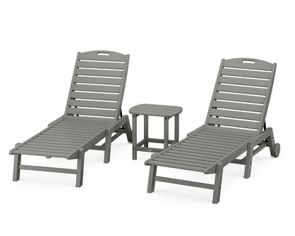 POLYWOOD® Nautical 3-Piece Chaise Lounge with Wheels Set with South Beach 18" Side Table in Slate Grey