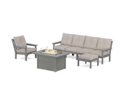 POLYWOOD® Vineyard Sectional Lounge and Fire Pit Set in Slate Grey / Weathered Tweed