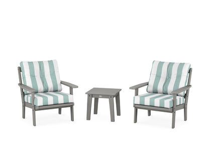 POLYWOOD® Oxford 3-Piece Deep Seating Set in Slate Grey / Cabana Stripe Glacier Spa
