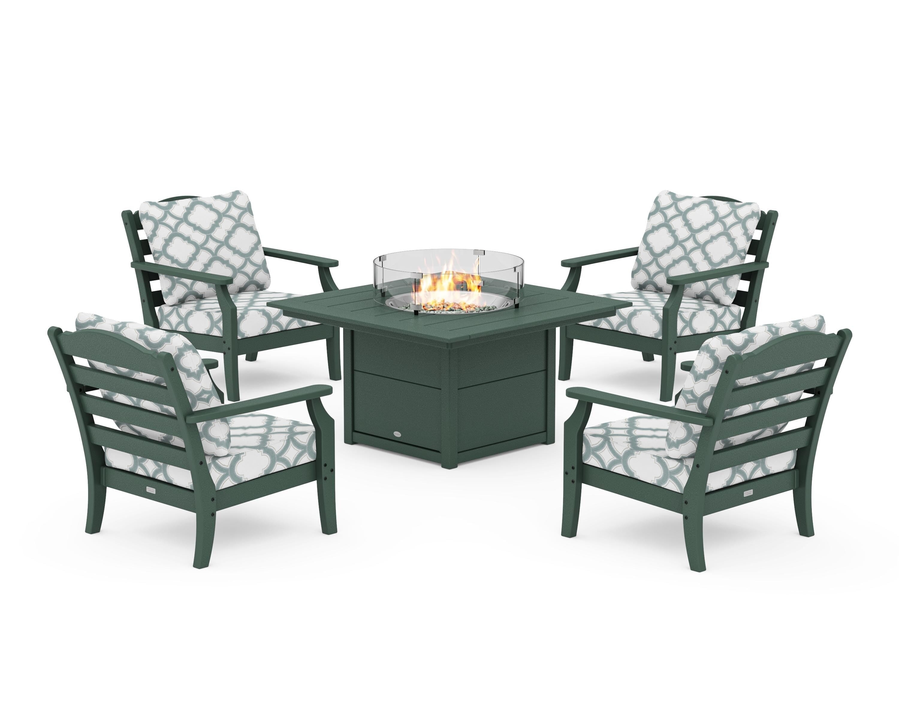 Draper James™ by  POLYWOOD® Savannah 5-Piece Deep Seating Set with Fire Pit Table in Green / Trellis Glacier Spa