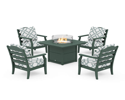 Draper James™ by  POLYWOOD® Savannah 5-Piece Deep Seating Set with Fire Pit Table in Green / Trellis Glacier Spa