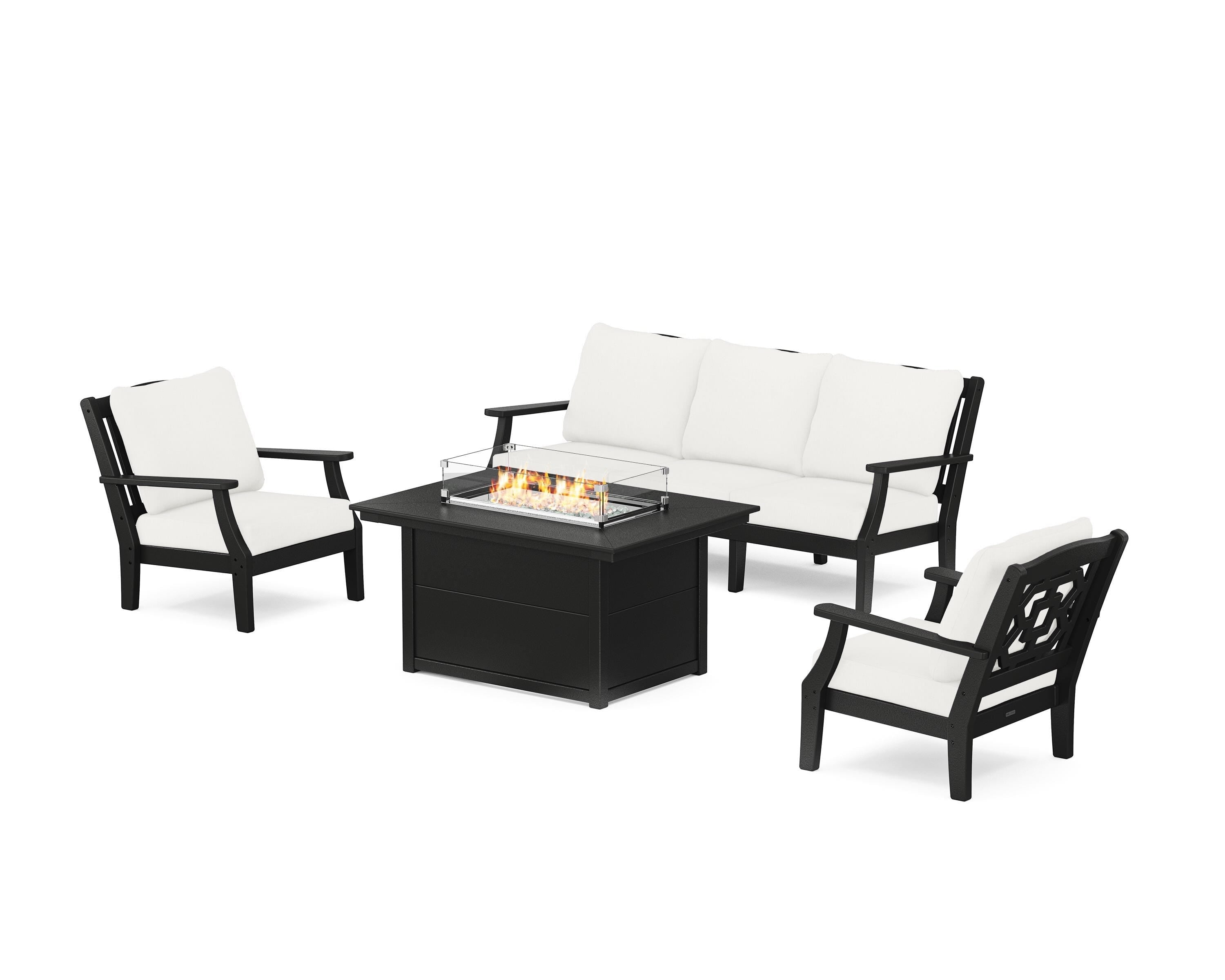 Martha Stewart by POLYWOOD® Chinoiserie Deep Seating Fire Pit Table Set in Black / Natural Linen