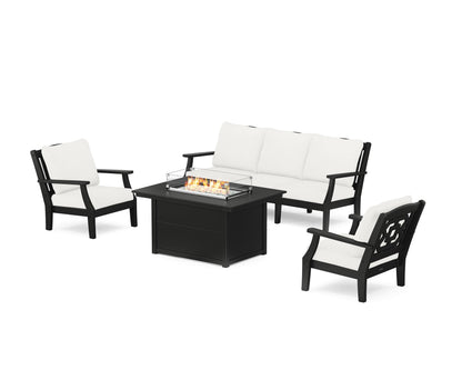 Martha Stewart by POLYWOOD® Chinoiserie Deep Seating Fire Pit Table Set in Black / Natural Linen