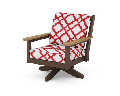 POLYWOOD® Chippendale Deep Seating Swivel Chair in Mahogany / Natural / Trellis Crimson