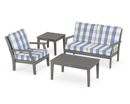 POLYWOOD® Braxton 4-Piece Deep Seating Set in Slate Grey / Buffalo Plaid Sky Blue