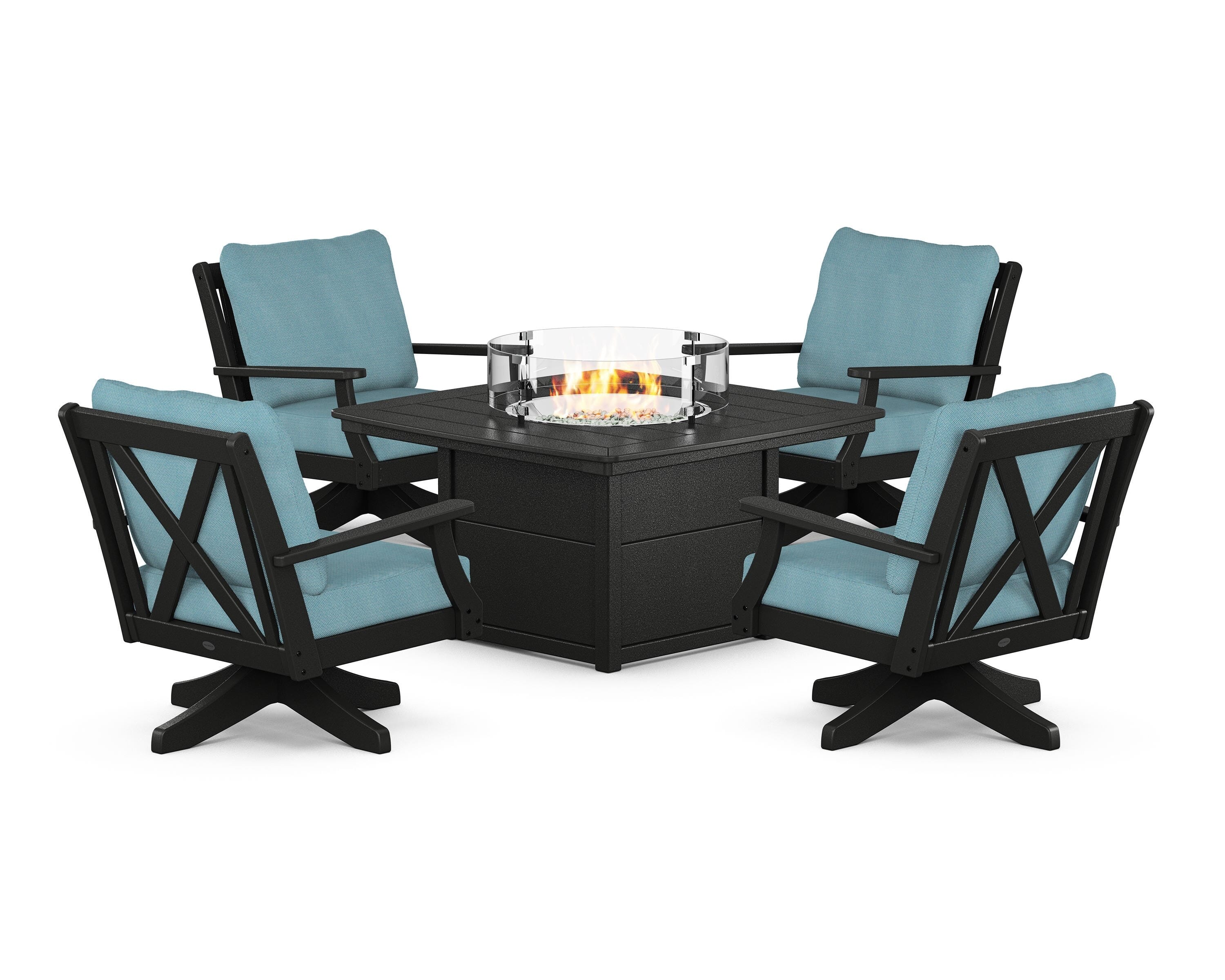 POLYWOOD® Braxton 5-Piece Deep Seating Swivel Conversation Set with Fire Pit Table in Black / Lattice Sky Blue