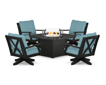 POLYWOOD® Braxton 5-Piece Deep Seating Swivel Conversation Set with Fire Pit Table in Black / Lattice Sky Blue