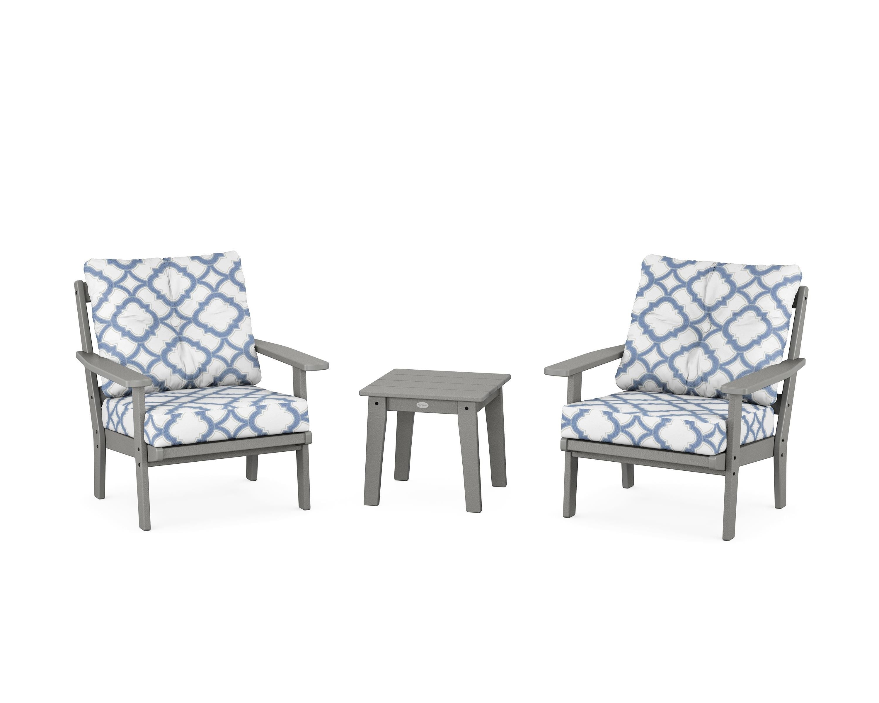 POLYWOOD® Oxford 3-Piece Deep Seating Set in Slate Grey / Trellis Sky Blue
