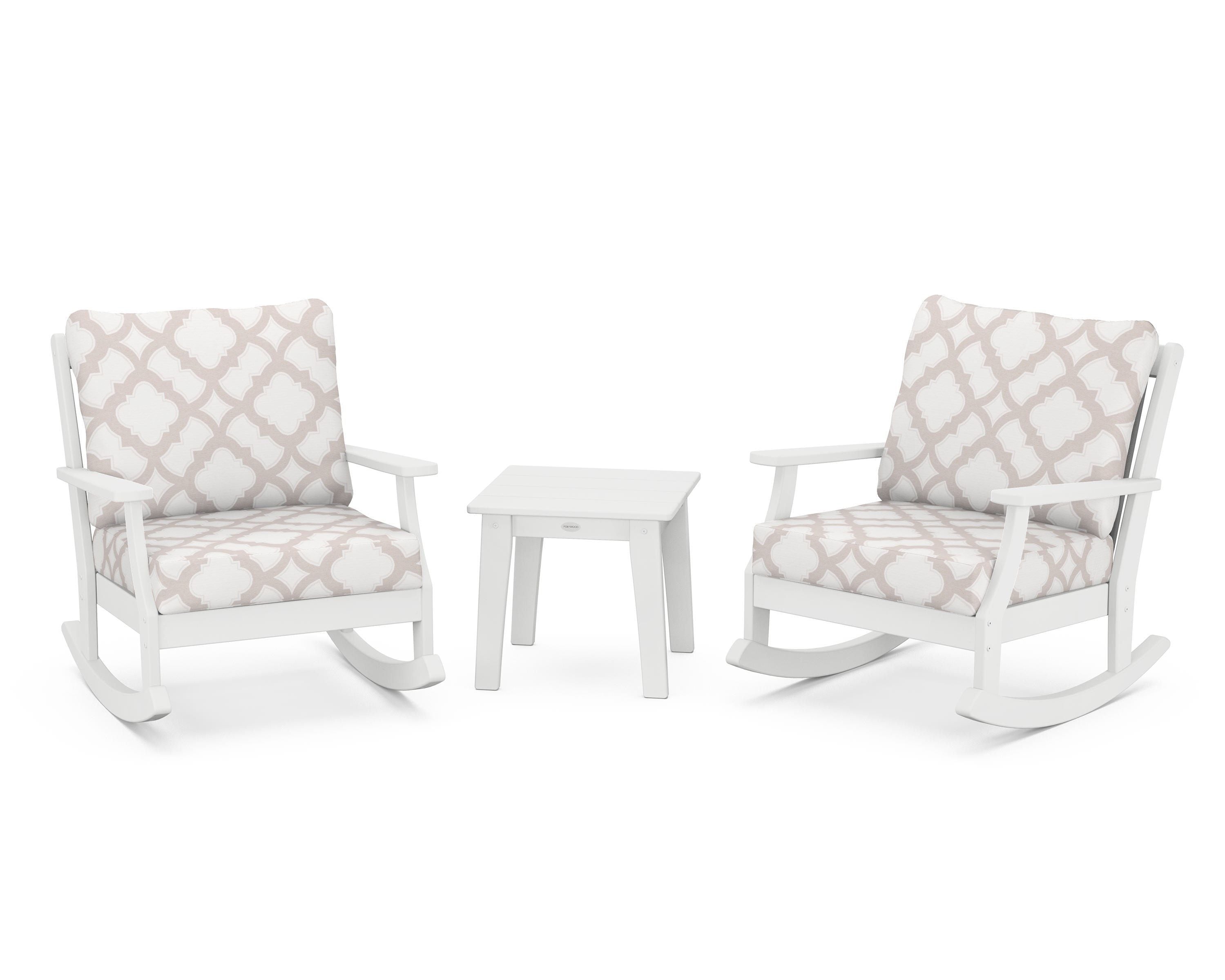 POLYWOOD® Braxton 3-Piece Deep Seating Rocker Set in White / Trellis Dune Burlap