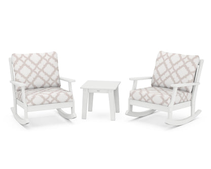 POLYWOOD® Braxton 3-Piece Deep Seating Rocker Set in White / Trellis Dune Burlap