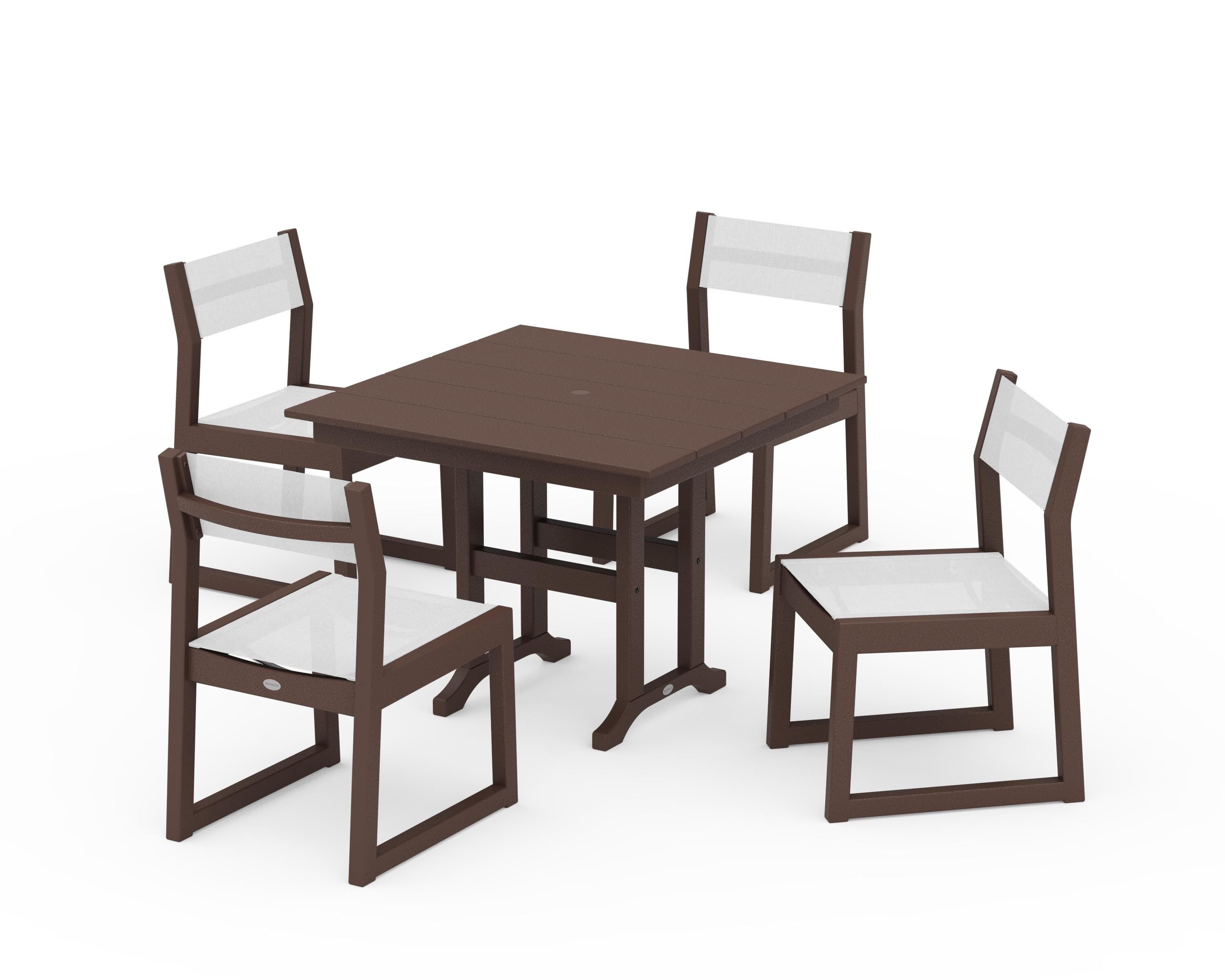 POLYWOOD® EDGE Sling Side Chair 5-Piece Farmhouse Dining Set in Mahogany / White Sling