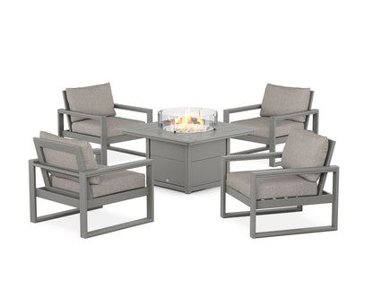 POLYWOOD® EDGE Sectional 5-Piece Deep Seating Set with Fire Pit Table in Slate Grey / Weathered Tweed