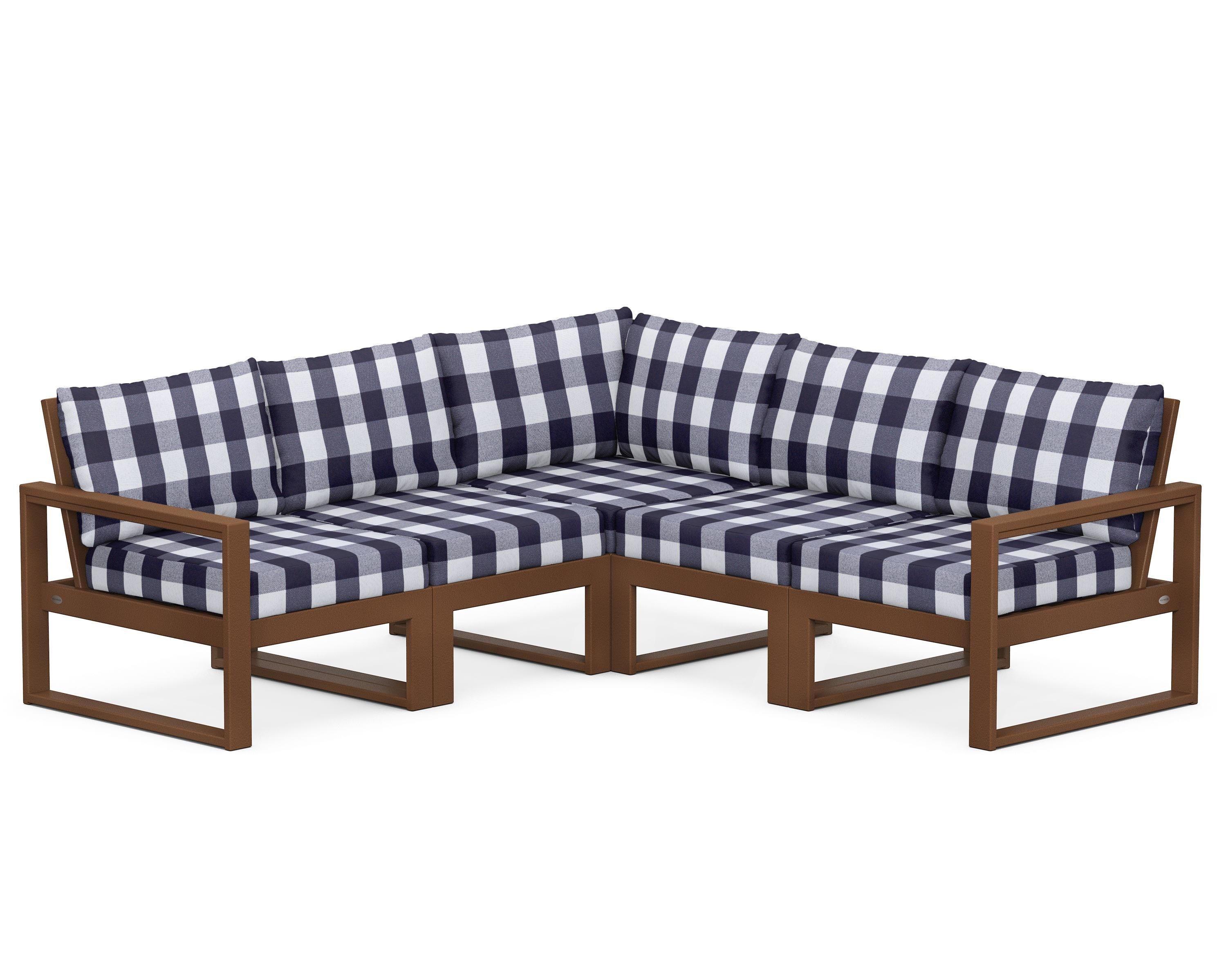 POLYWOOD® EDGE 5-Piece Modular Deep Seating Set in Teak / Buffalo Plaid Navy