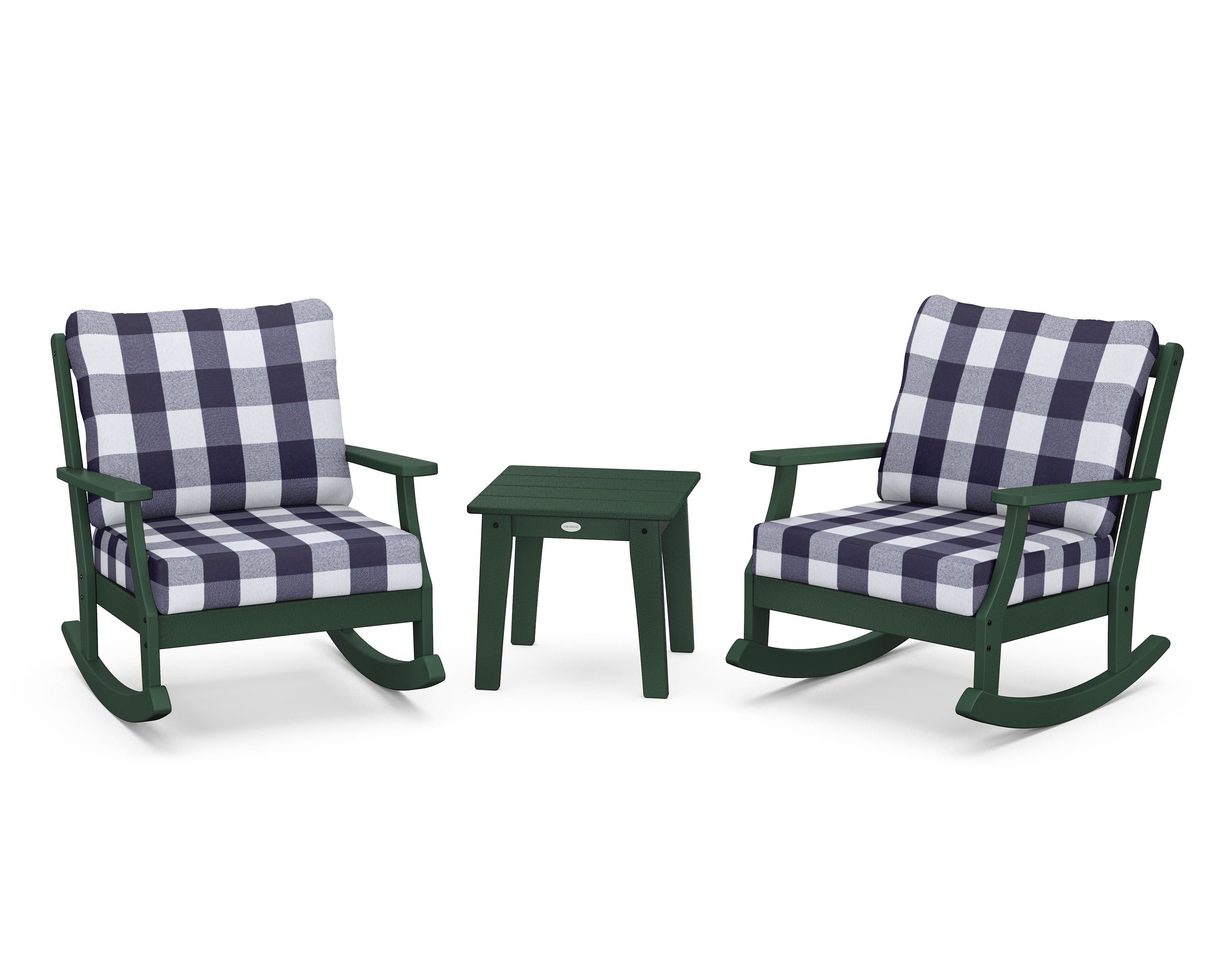 POLYWOOD® Braxton 3-Piece Deep Seating Rocker Set in Green / Buffalo Plaid Navy