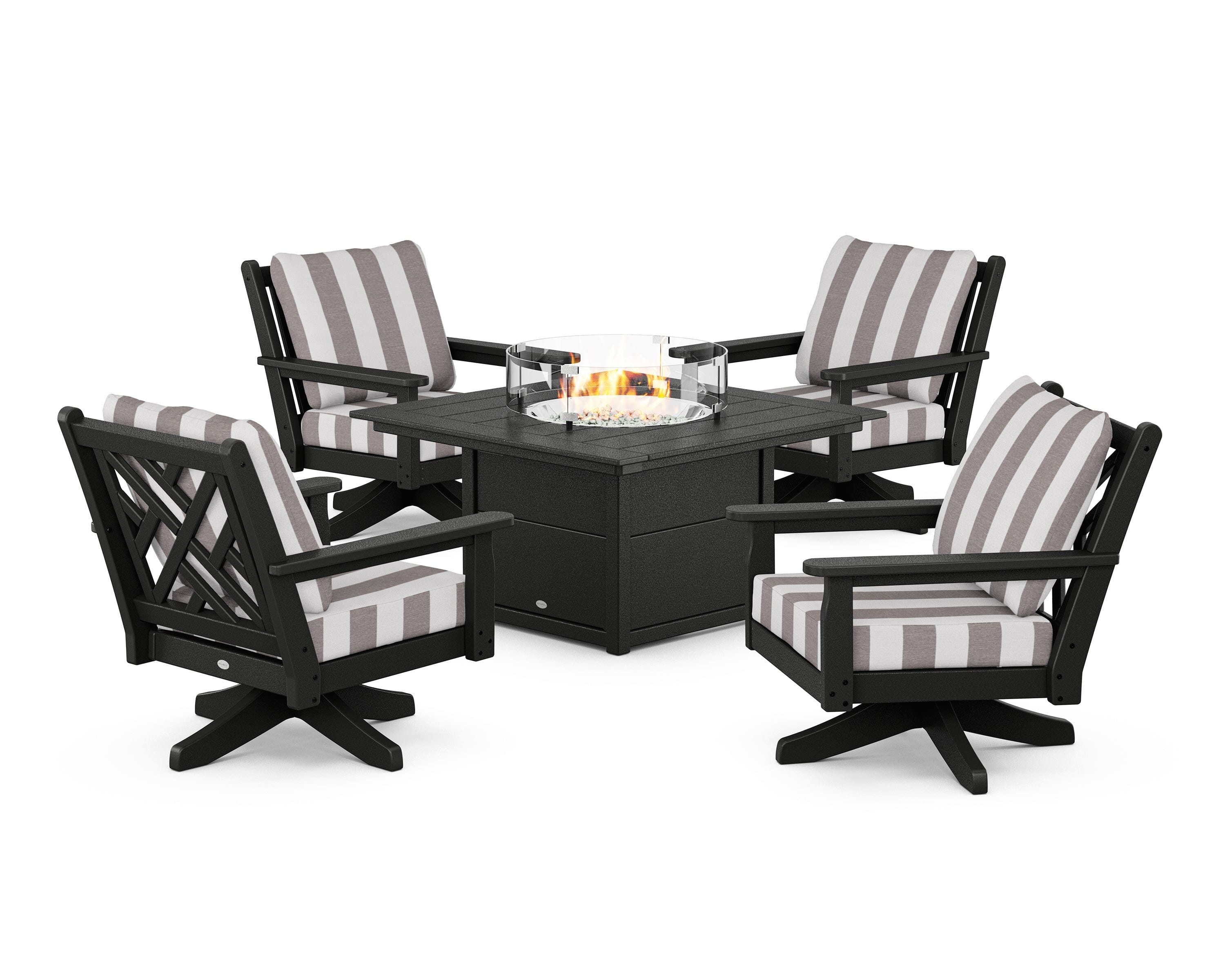 POLYWOOD® Chippendale 5-Piece Deep Seating Swivel Conversation Set with Fire Pit Table in Black / Cabana Stripe Grey Mist
