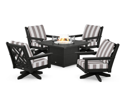 POLYWOOD® Chippendale 5-Piece Deep Seating Swivel Conversation Set with Fire Pit Table in Black / Cabana Stripe Grey Mist