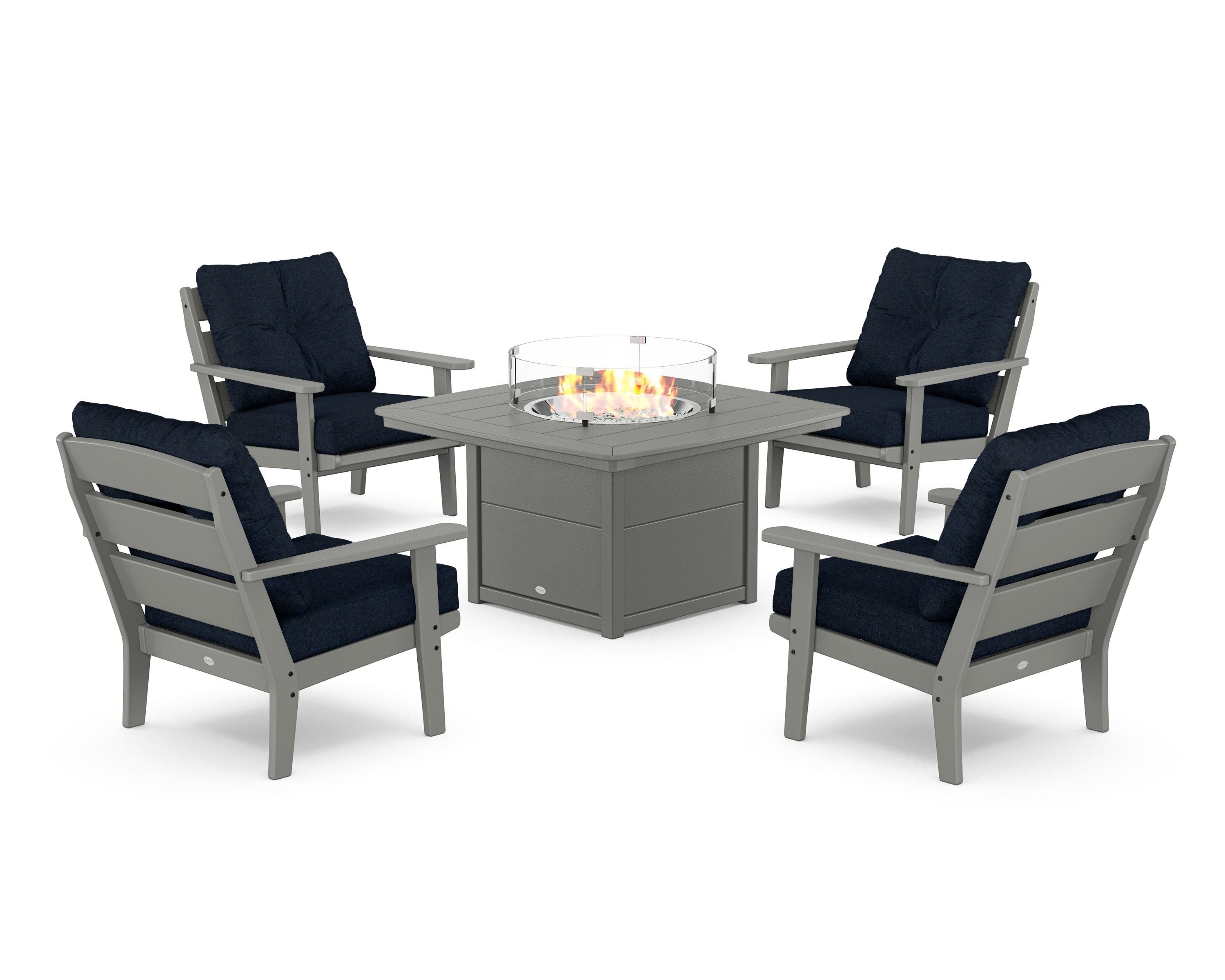 POLYWOOD® Lakeside 5-Piece Deep Seating Set with Nautical Fire Pit Table in Slate Grey / Marine Indigo