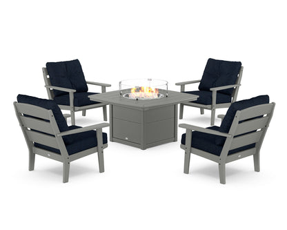POLYWOOD® Lakeside 5-Piece Deep Seating Set with Nautical Fire Pit Table in Slate Grey / Marine Indigo