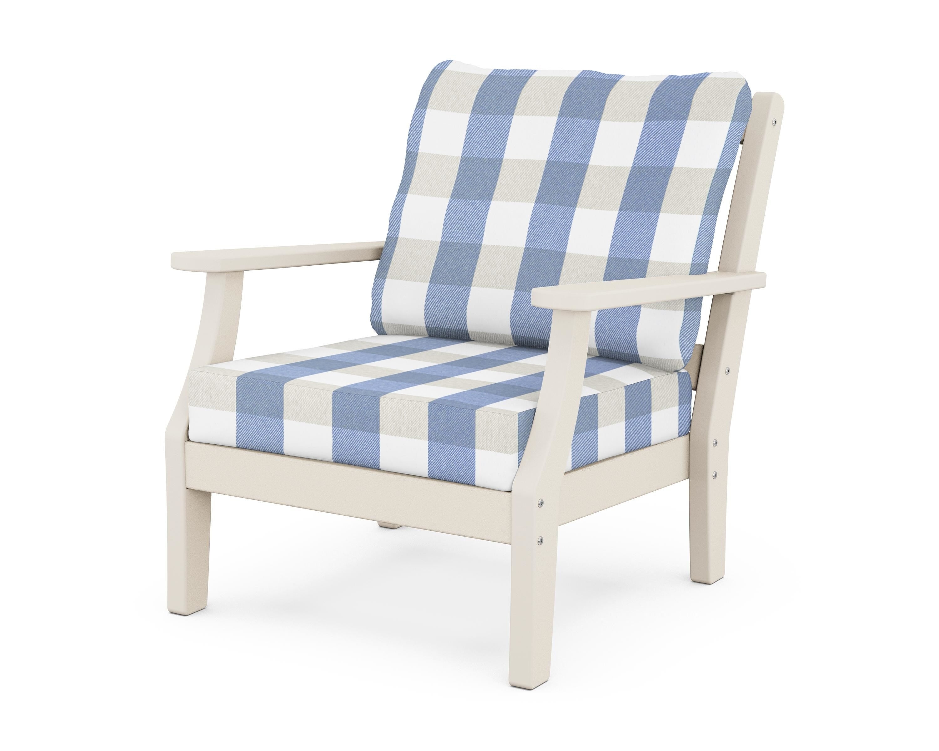 Martha Stewart by POLYWOOD® Chinoiserie Deep Seating Chair in Sand / Buffalo Plaid Sky Blue