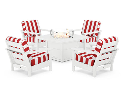 POLYWOOD® Harbour 5-Piece Conversation Set with Fire Pit Table in White / Cabana Stripe Crimson