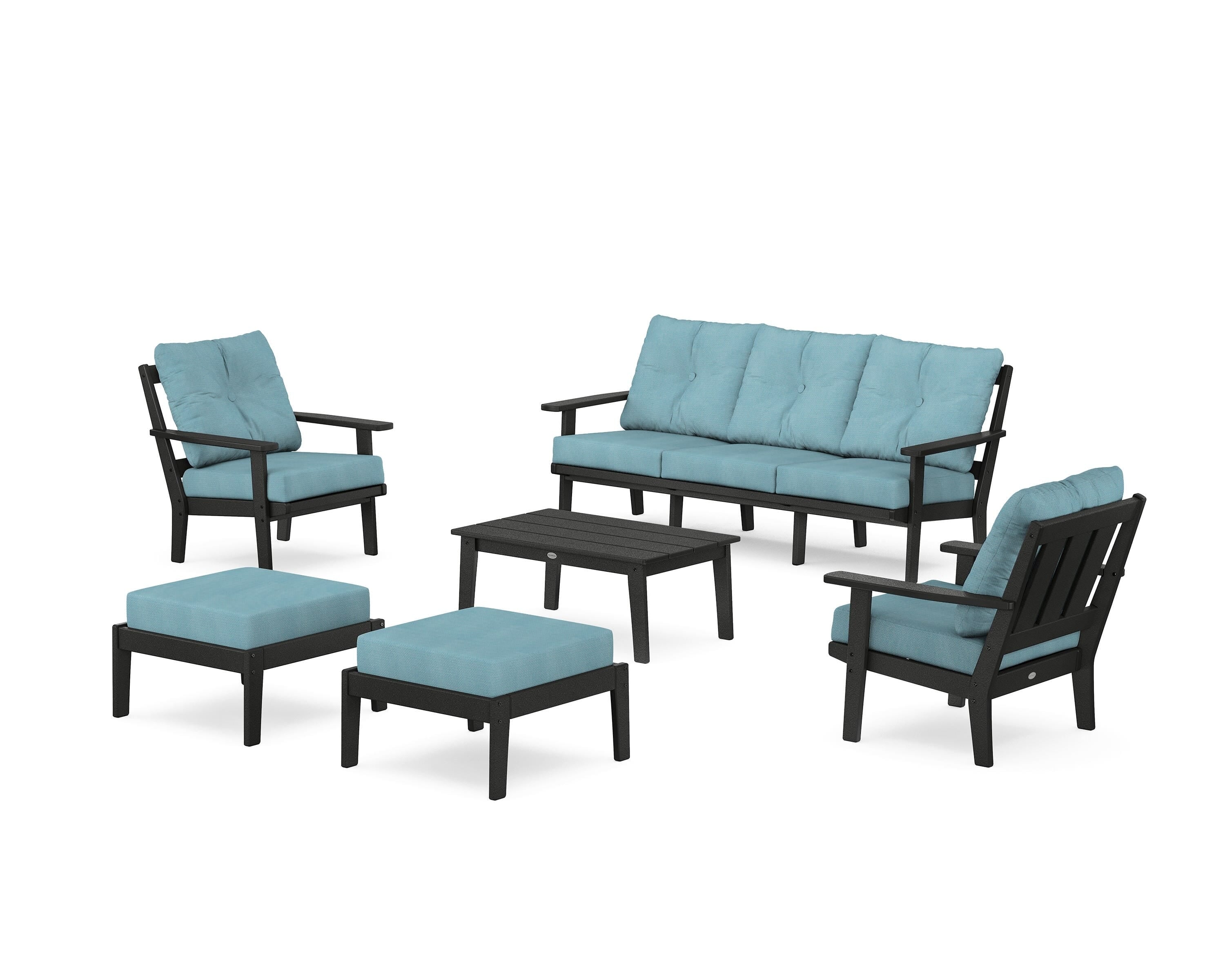 POLYWOOD® Oxford 6-Piece Lounge Sofa Set in Black / Lattice Sky Blue
