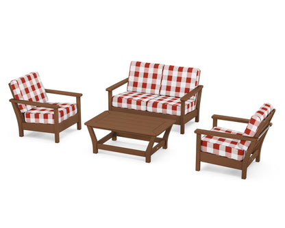 POLYWOOD® Harbour 4-Piece Deep Seating Set in Teak / Buffalo Plaid Crimson