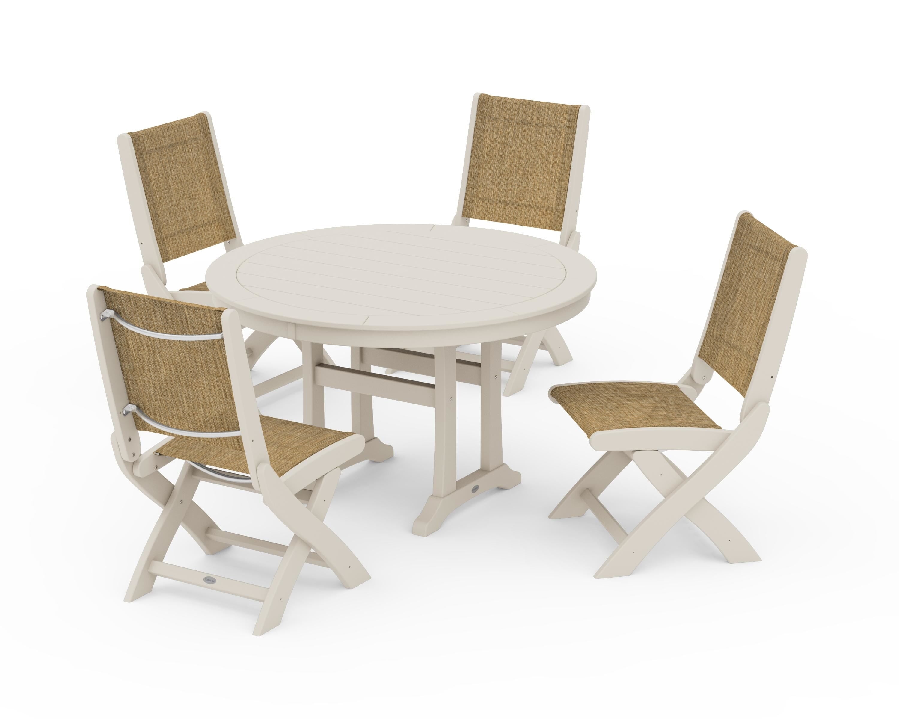 POLYWOOD® Coastal Folding Side Chair 5-Piece Round Dining Set With Trestle Legs in Sand / Burlap Sling