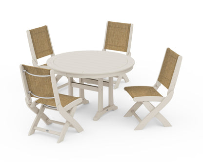 POLYWOOD® Coastal Folding Side Chair 5-Piece Round Dining Set With Trestle Legs in Sand / Burlap Sling