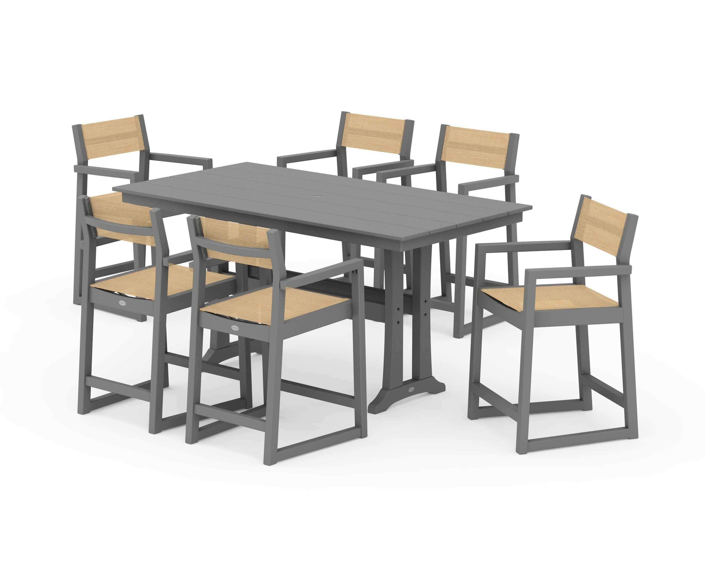 POLYWOOD® EDGE Sling Arm Chair 7-Piece Farmhouse Counter Set with Trestle Legs in Slate Grey / Dupioni Apricot Sling