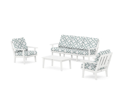POLYWOOD® Oxford 4-Piece Deep Seating Set with Sofa in White / Trellis Glacier Spa