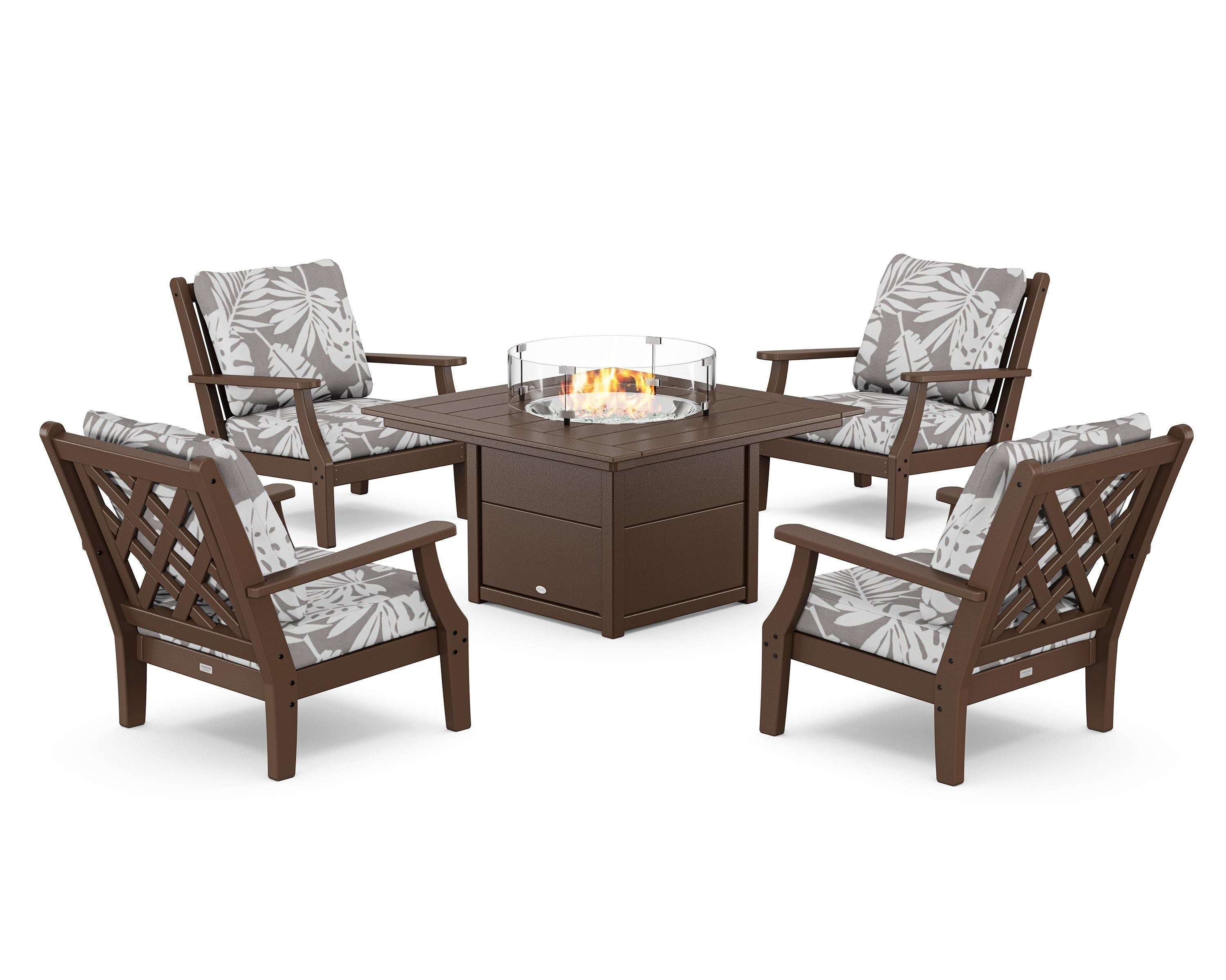 Country Living Wovendale 5-Piece Deep Seating Set with Fire Pit Table in Mahogany / Leaf Grey Mist