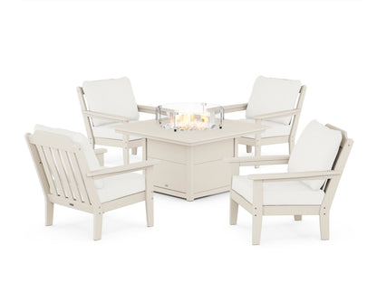 Country Living Cottage 5-Piece Deep Seating Set with Fire Pit Table in Sand / Natural Linen
