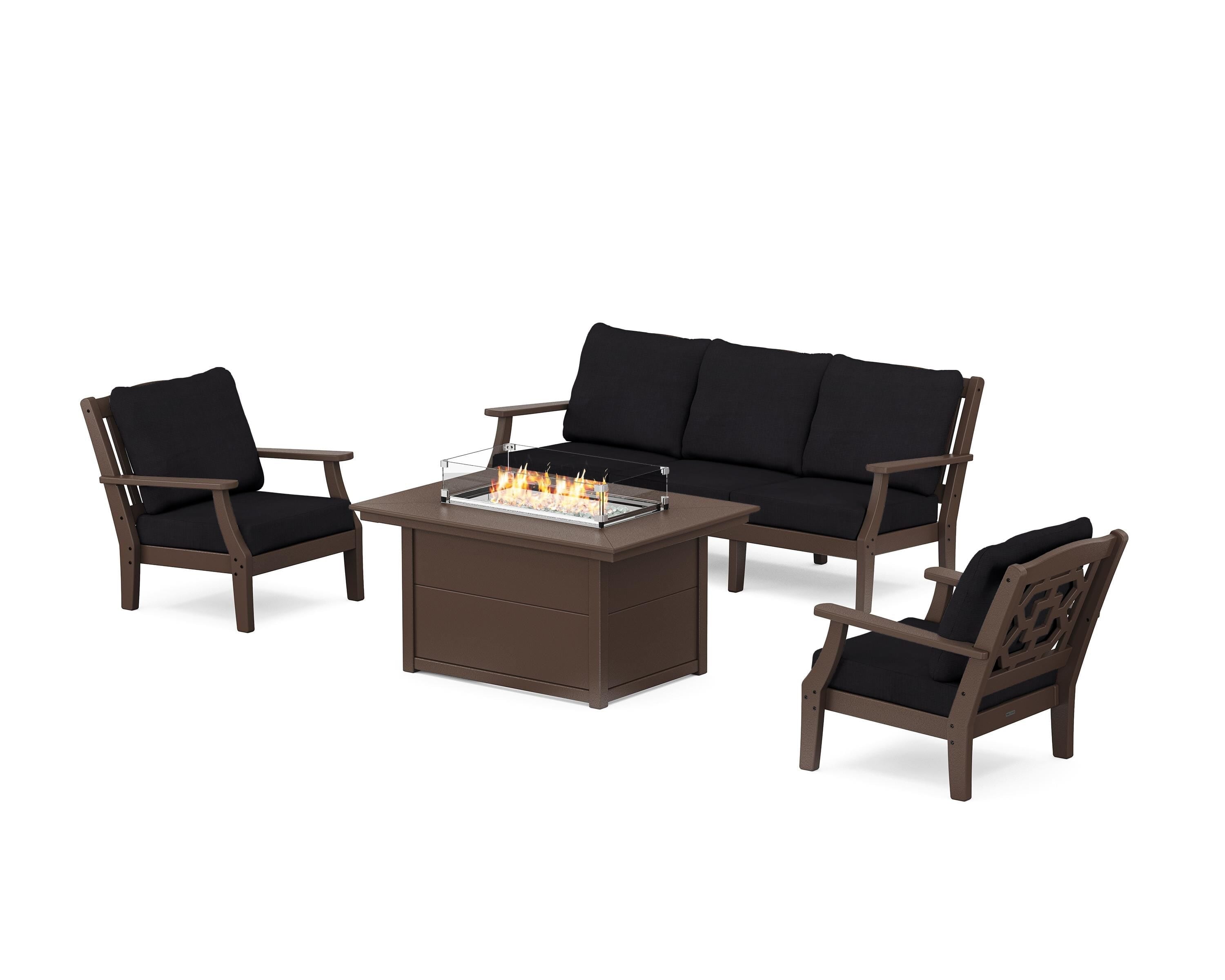 Martha Stewart by POLYWOOD® Chinoiserie Deep Seating Fire Pit Table Set in Mahogany / Midnight Linen