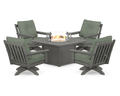POLYWOOD® Vineyard 5-Piece Deep Seating Swivel Conversation Set with Fire Pit Table in Slate Grey / Cast Sage