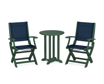 POLYWOOD® Coastal Folding 3-Piece Round Bistro Dining Set in Green / Navy Blue Sling
