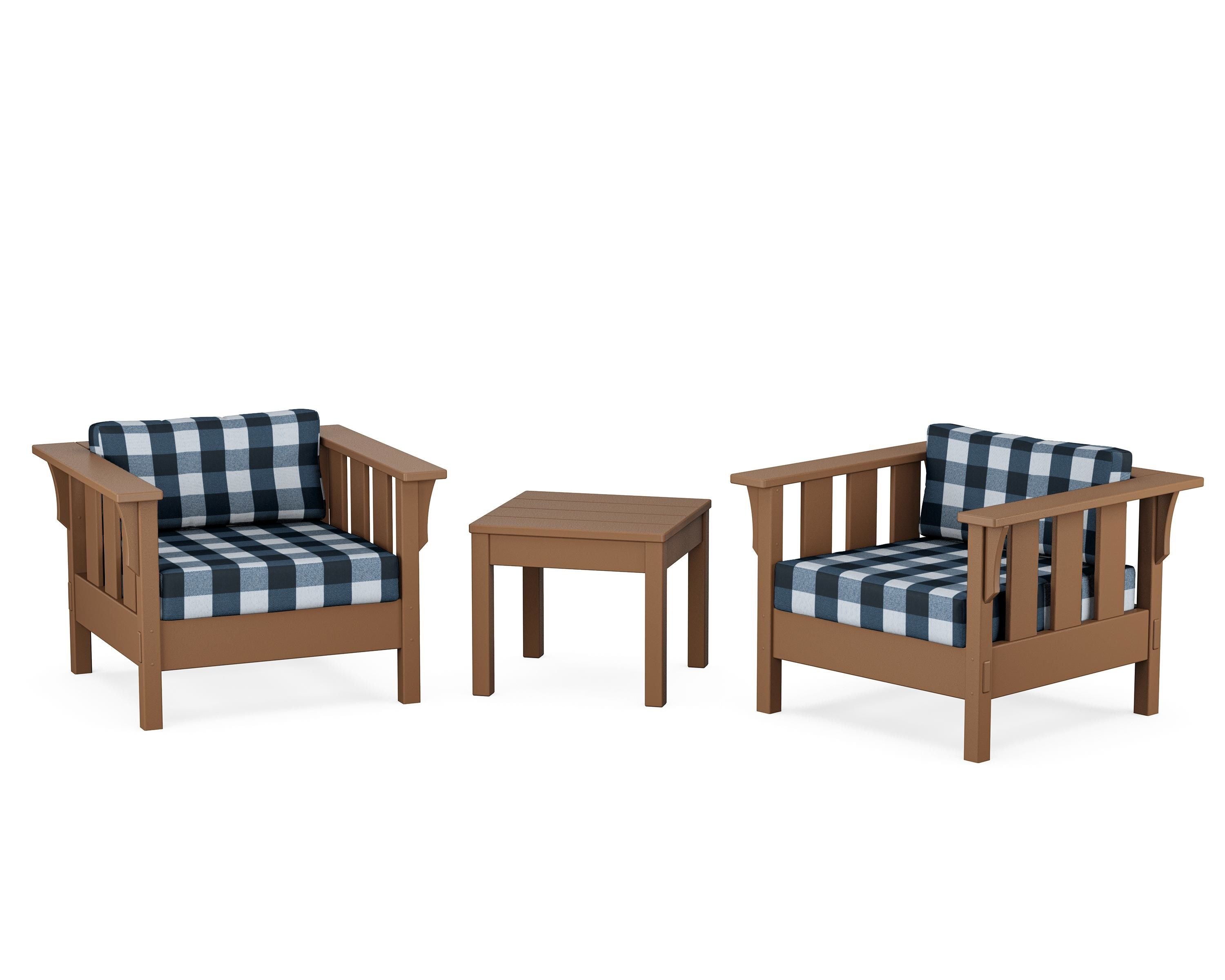 Martha Stewart by POLYWOOD® Acadia 3-Piece Deep Seating Set in Teak / Buffalo Plaid Marine Indigo