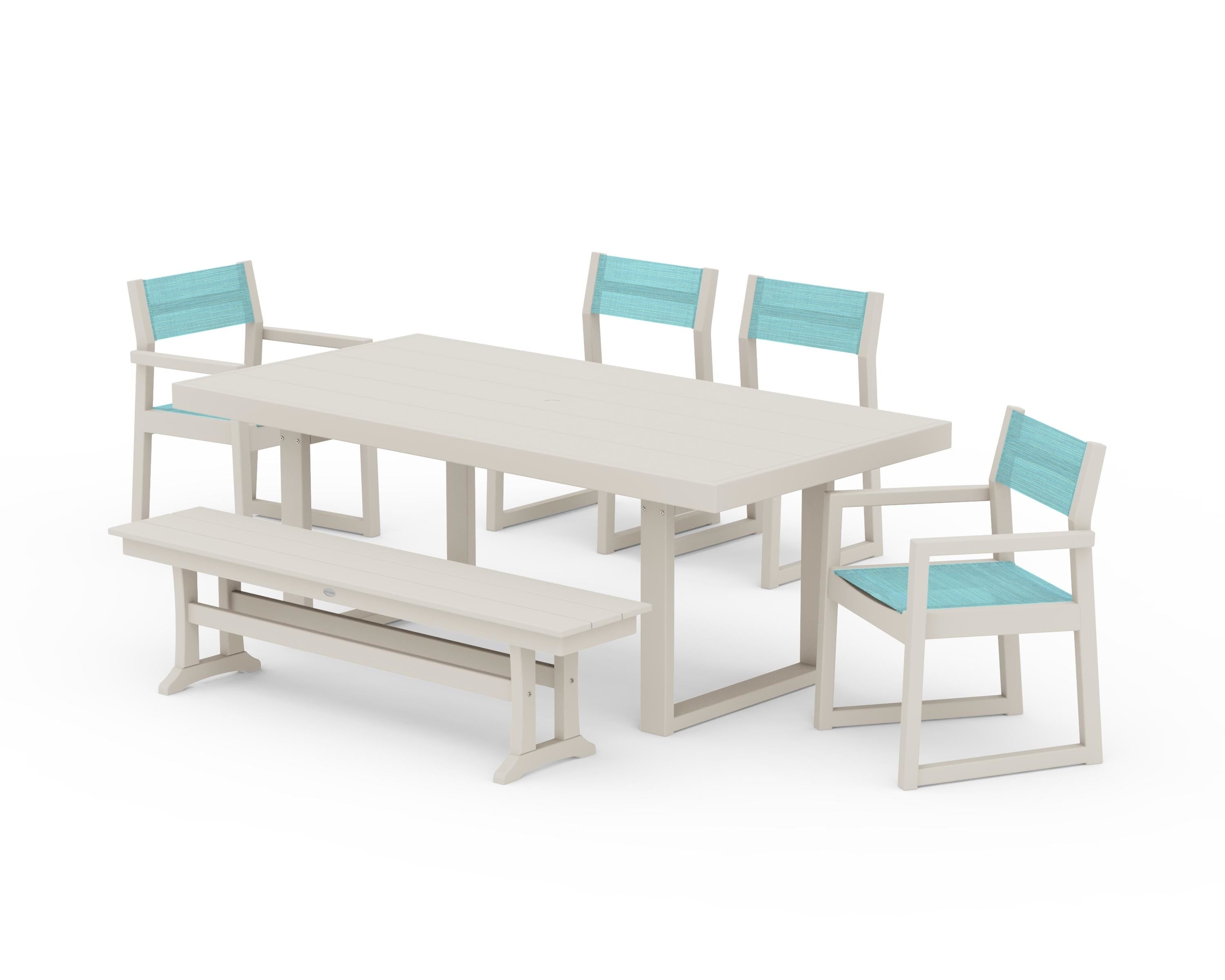 POLYWOOD® EDGE Sling 6-Piece Dining Set with Bench in Sand / Dupioni Aquamarine Sling