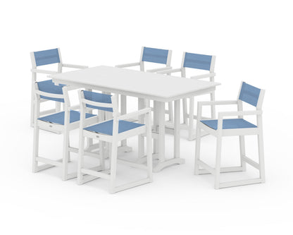 POLYWOOD® EDGE Sling Arm Chair 7-Piece Farmhouse Counter Set in White / Poolside Sling