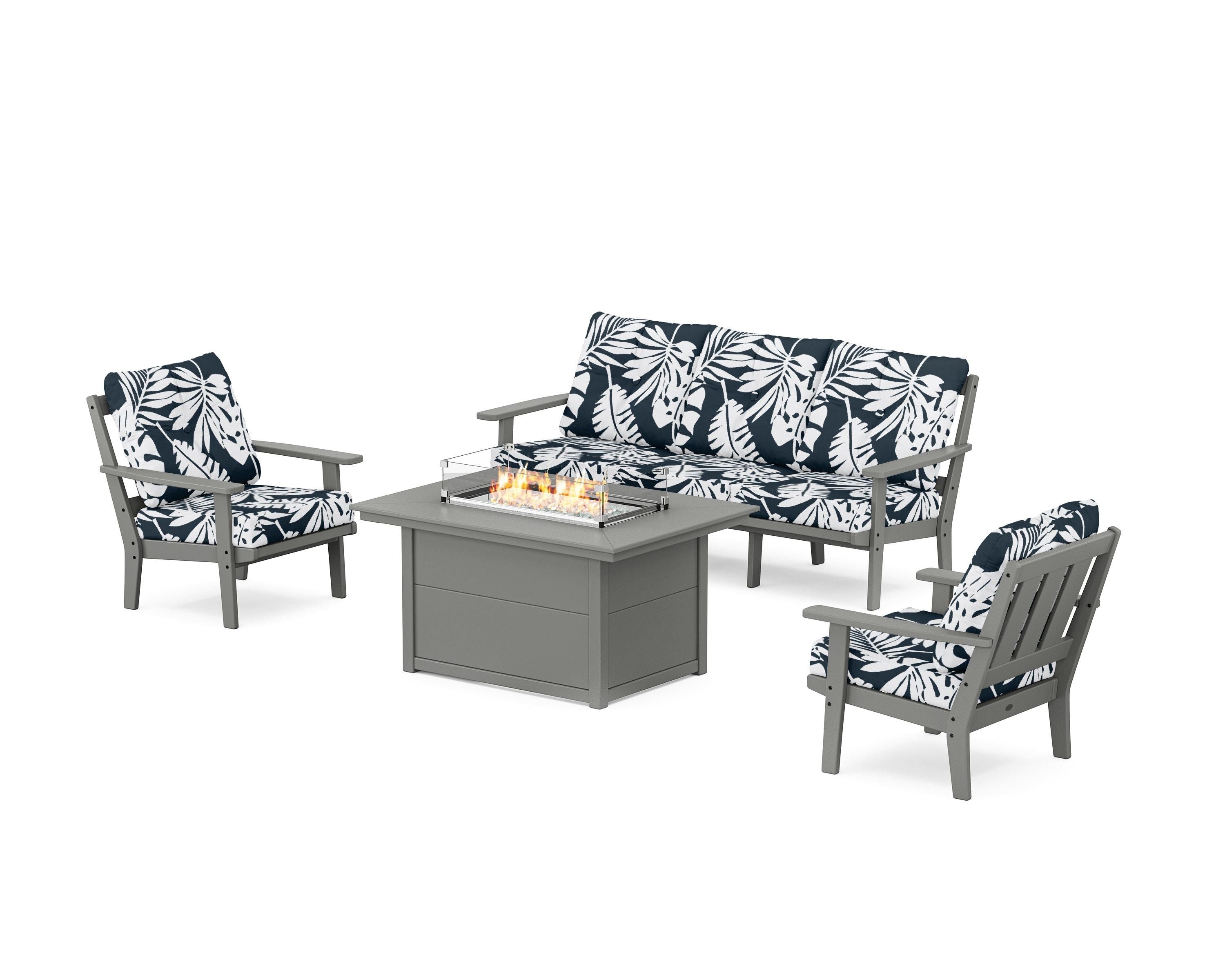 POLYWOOD® Oxford Deep Seating Fire Pit Table Set in Slate Grey / Leaf Marine Indigo