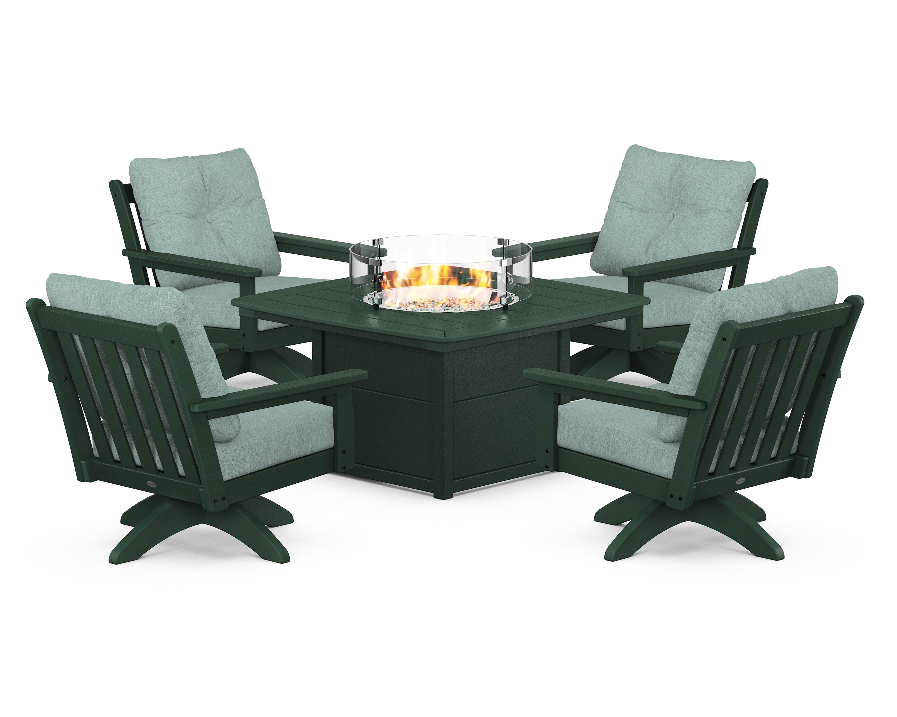 POLYWOOD® Vineyard 5-Piece Deep Seating Swivel Conversation Set with Fire Pit Table in Green / Glacier Spa