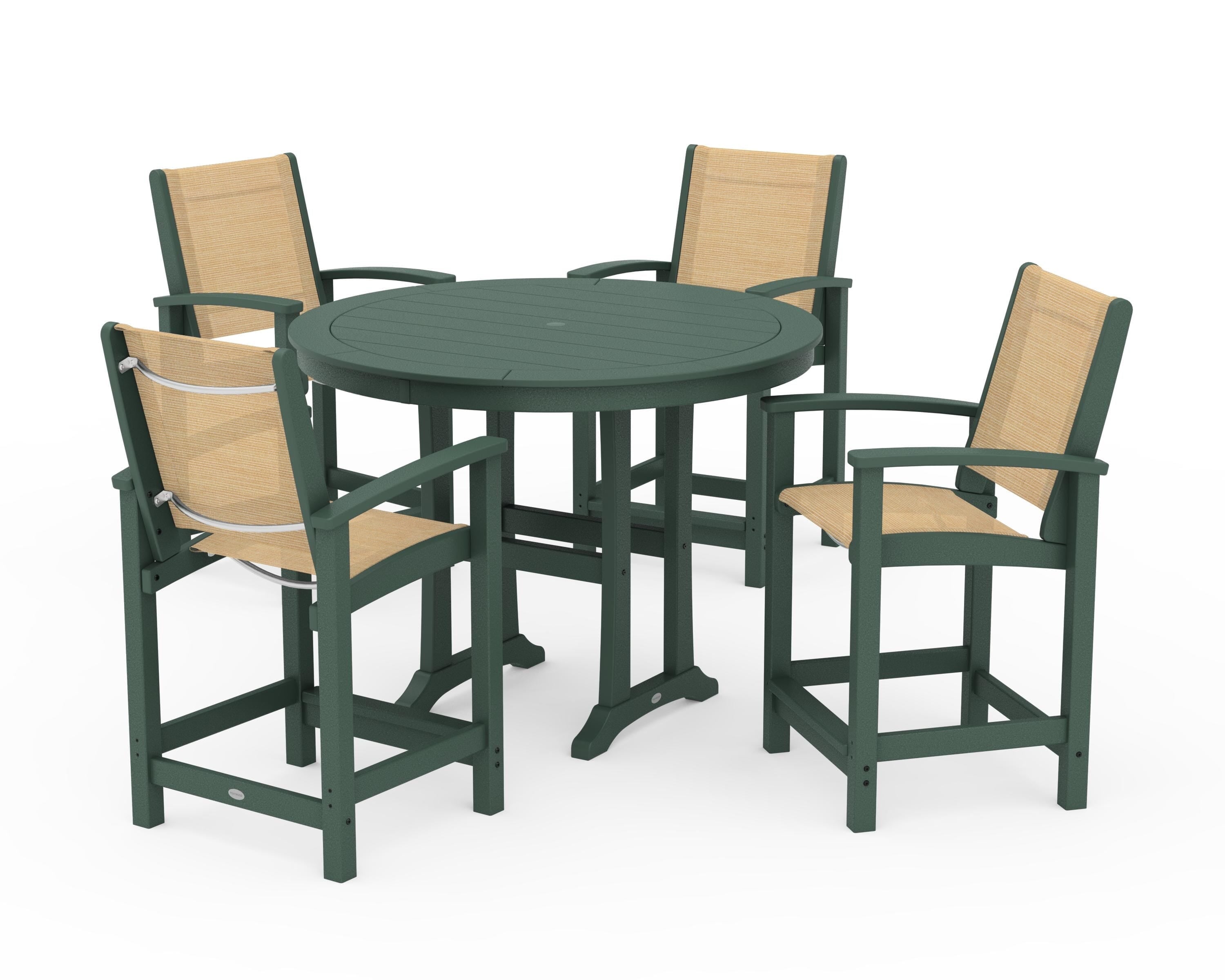 POLYWOOD® Coastal 5-Piece Counter Set in Green / Dupioni Apricot Sling