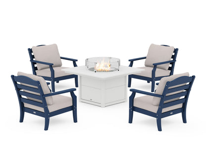 Draper James™ by  POLYWOOD® Savannah 5-Piece Deep Seating Set with Fire Pit Table in Navy / Dune Burlap