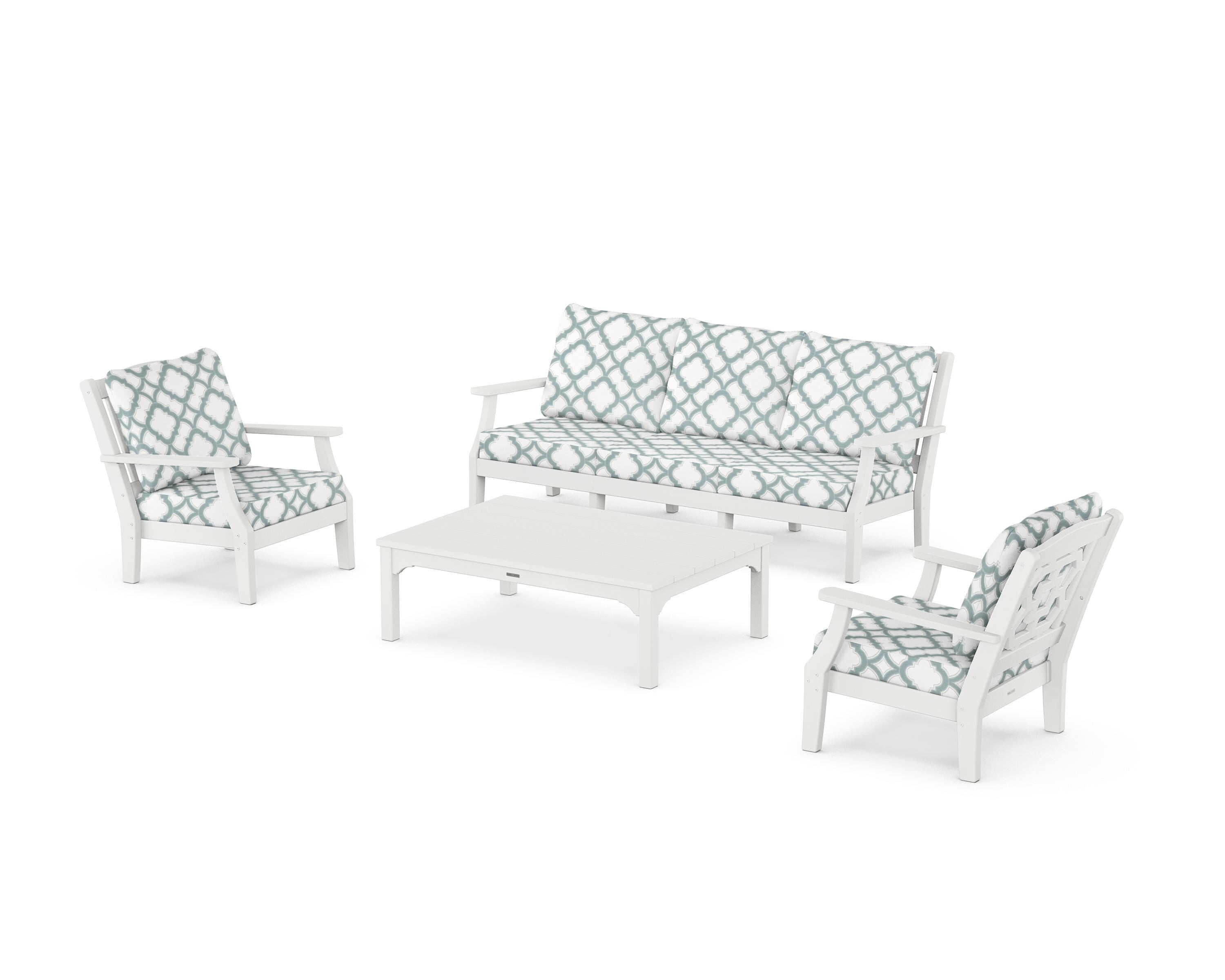 Martha Stewart by POLYWOOD® Chinoiserie 4-Piece Deep Seating Set with Sofa in White / Trellis Glacier Spa