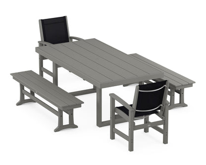 POLYWOOD® Coastal 5-Piece Dining Set with Trestle Legs in Slate Grey / Black Sling
