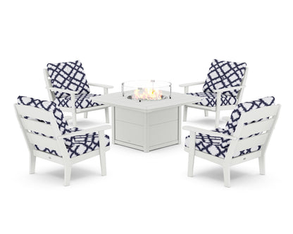 POLYWOOD® Lakeside 5-Piece Deep Seating Set with Nautical Fire Pit Table in White / Trellis Navy