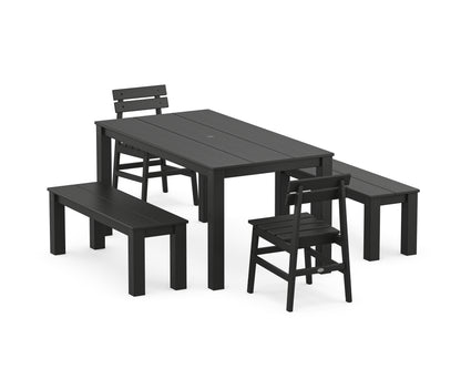 POLYWOOD® Modern Studio Plaza Chair 5-Piece Parsons Dining Set with Benches in Black