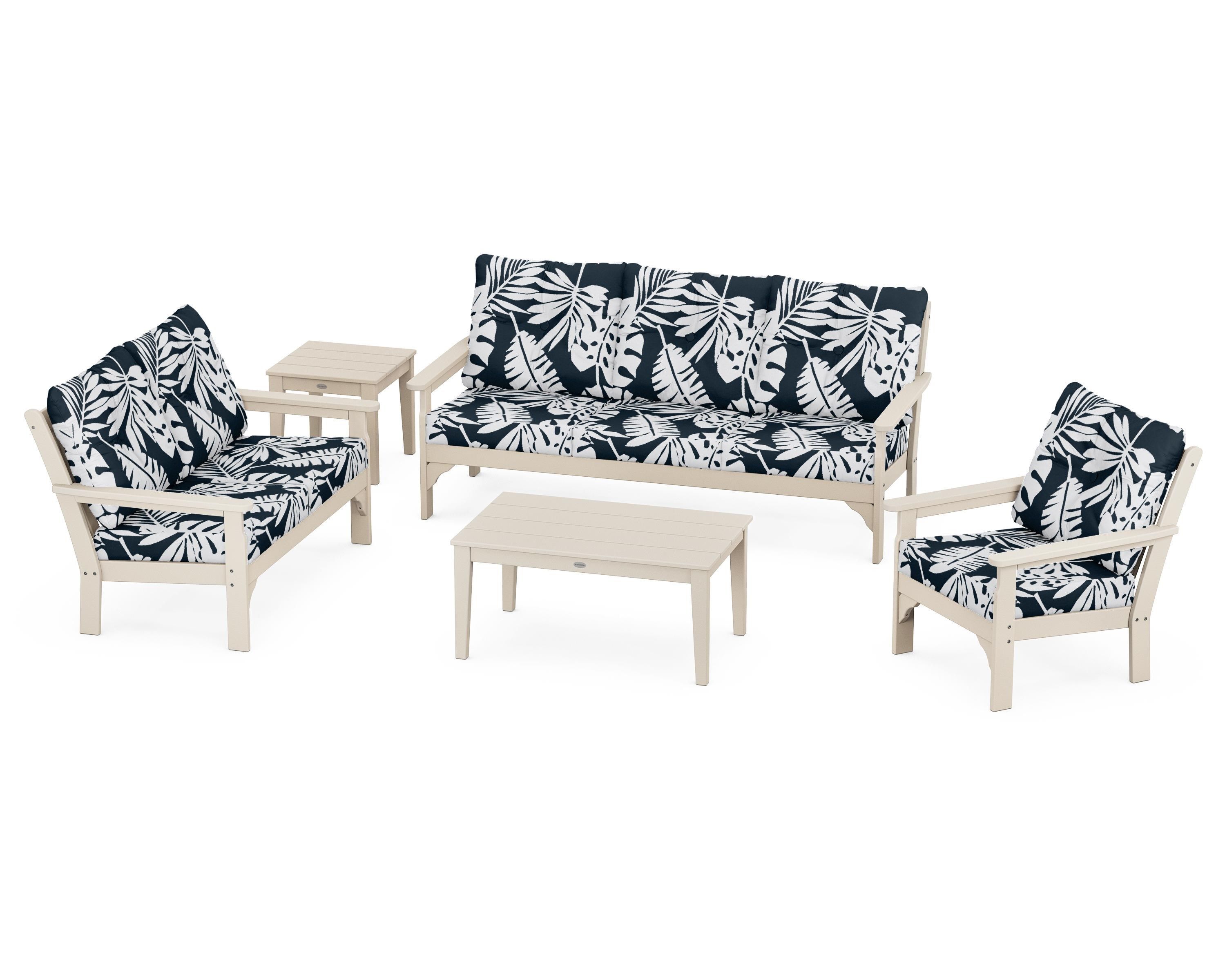 POLYWOOD® Vineyard 5 Piece Deep Seating Set in Sand / Leaf Marine Indigo