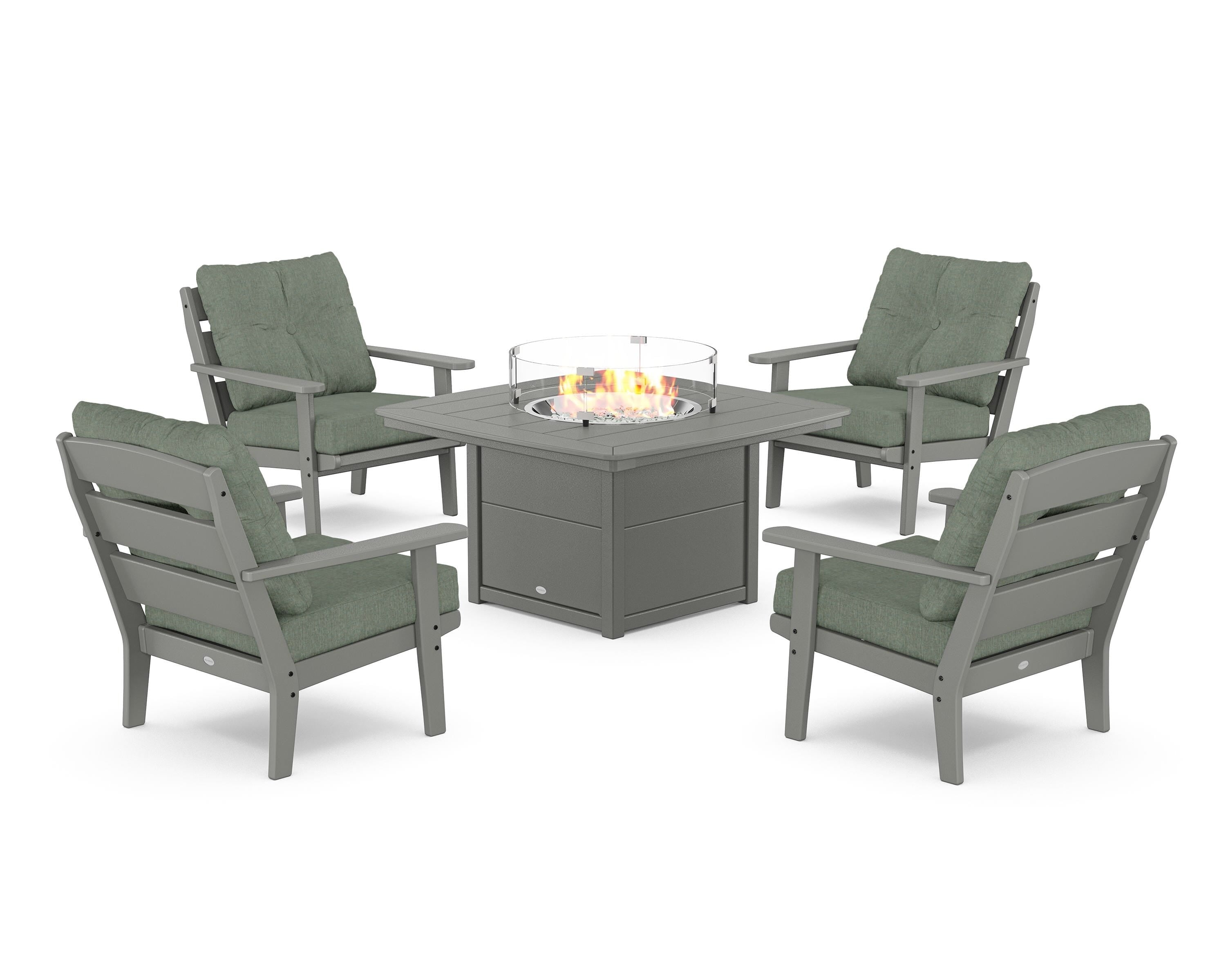 POLYWOOD® Lakeside 5-Piece Deep Seating Set with Nautical Fire Pit Table in Slate Grey / Cast Sage